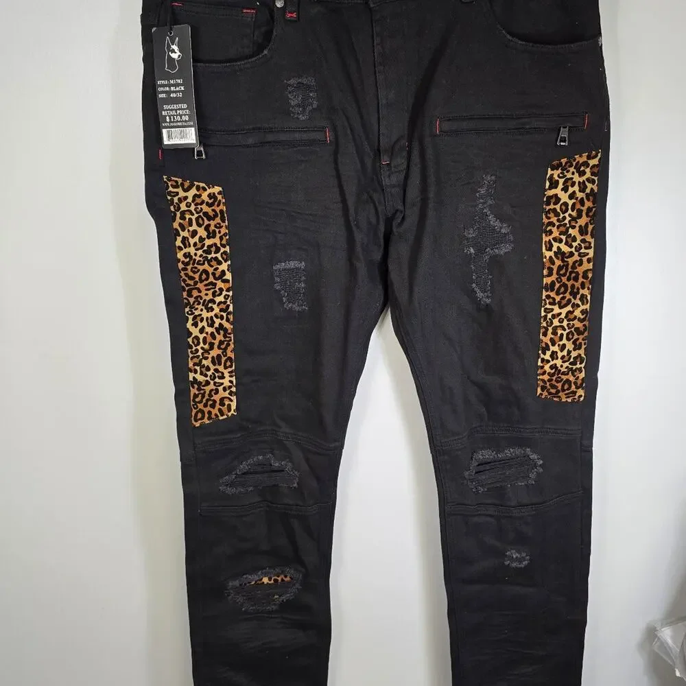 Makobi Big & Tall Ripped Repair Jeans With Leopard Print Patch Black 40/32 NWT
